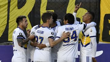 Soccer Football - Copa Libertadores - Group C - The Strongest v Boca Juniors - Estadio Hernando Siles, La Paz, Bolivia - April 21, 2021 Boca Juniors' Sebastian Villa celebrates scoring their first goal with teammates Pool via REUTERS/Aizar Raldes