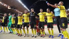 Players of Dortmund celebrates victory after winning  the UEFA Champions League Group A match between AS Monaco and Borussia Dortmund at Stade Louis II on December 11, 2018 in Monaco