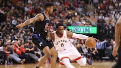 Feb 3, 2019; Toronto, Ontario, CAN; Toronto Raptors guard Jordan Loyd (8) dribbles in the fourth quarter against Los Angeles Clippers guard Tyrone Wallace (9) at Scotiabank Arena. The Raptors beat the Clippers 121-103. Mandatory Credit: Tom Szczerbowski-USA TODAY Sports