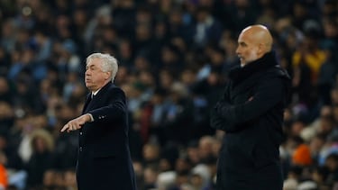 Soccer Football - Champions League - Knockout Phase Playoff - First Leg - Manchester City v Real Madrid - Etihad Stadium, Manchester, Britain - February 11, 2025 Real Madrid coach Carlo Ancelotti and Manchester City manager Pep Guardiola Action Images via Reuters/Jason Cairnduff