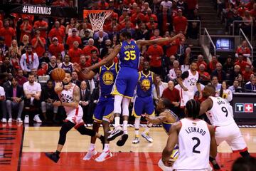 TORONTO, ONTARIO - JUNE 10: Fred VanVleet #23 of the Toronto Raptors attempts a pass against the Golden State Warriors during Game Five of the 2019 NBA Finals at Scotiabank Arena on June 10, 2019 in Toronto, Canada.
