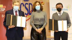 El presidente de Espa&ntilde;a Activa Jaime Lissavetzky, la presidenta del CSD Irene Lozano y el presidente de ADESP Jos&eacute; Hidalgo durante la presentaci&oacute;n de la plataforma Espa&ntilde;a Deporte.