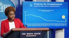 White House Deputy Press Secretary Karine Jean-Pierre speaks about unemployment during the daily briefing in the Brady Briefing Room of the White House in Washington, DC.