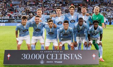Once inicial del Celta. Carl Starfelt, Anastasios Douvikas, Marcos Llorente, Óscar Minguez, Vicente Guaita, Javi Rodríguez, Iago Aspas, Fran Beltrán, Hugo Álvarez, Ilaix Moribsa y Jonathan Bamba.