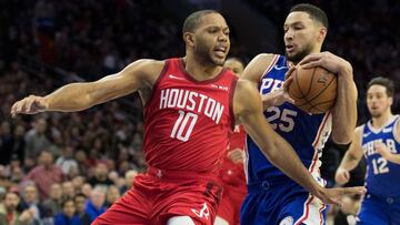 Jan 21, 2019; Philadelphia, PA, USA; Philadelphia 76ers guard Ben Simmons (25) drives against Houston Rockets guard Eric Gordon (10) during the third quarter at Wells Fargo Center. Mandatory Credit: Bill Streicher-USA TODAY Sports