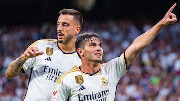 MADRID, SPAIN - 2023/09/27: Brahim Diaz (Real Madrid) (R) celebrate his goal with his teammate Jose Luis Sanmartin Mato (Joselu) (L) (Real Madrid) during the football match of Spanish championship La Liga EA Sports between Real Madrid vs Las Palmas played at Bernabeu stadium. Final score: Real Madrid 2 : 0 Las Palmas. (Photo by Alberto Gardin/SOPA Images/LightRocket via Getty Images)