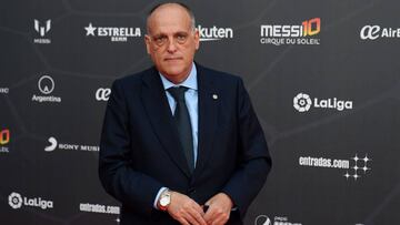 The president of Spanish Liga Javier Tebas poses on the red carpet during the premiere of Cirque du Soleil's latest show "Messi 10" inspired by Argentinian football star Lionel Messi in Barcelona on October 10, 2019. (Photo by Josep LAGO /