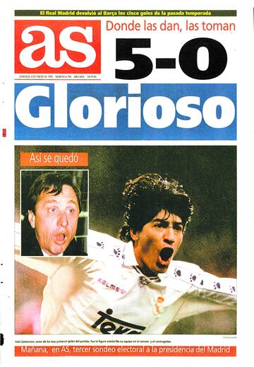 La portada de AS del 8 de enero de 1995 con Iv¨¢n Zamorano como protagonista tras su hat-trick al FC Barcelona.