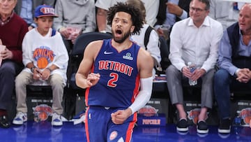 Detroit Pistons guard Cade Cunningham (2) celebrates after scoring in the third quarter against the New York Knicks during game five of first round for the 2025 NBA Playoffs at Madison Square Garden.