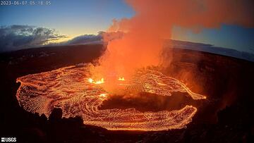 A lava lake forms at Halemaʻumaʻu as seen from the west rim of the Kilauea caldera during the volcano's eruption in Hawaii, U.S. June 7, 2023 in a still image from webcam video.    USGS/Handout via REUTERS  THIS IMAGE HAS BEEN SUPPLIED BY A THIRD PARTY.