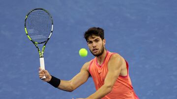 Tennis - China Open - China National Tennis Center, Beijing, China - October 2, 2024 Spain's Carlos Alcaraz in action during his final match against Italy's Jannik Sinner REUTERS/Florence Lo