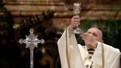 Pope Francis celebrates the Chrism Mass inside St. Peter&#039;s Basilica, where he also blesses a token amount of oil that will be used to administer the sacraments for the year at the Vatican, on April 1, 2021. 