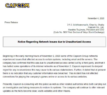Capcom, hackeada: reconocen el robo de información importante