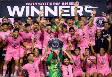 Inter Miami CF raise the supporters shield at Chase Stadium.