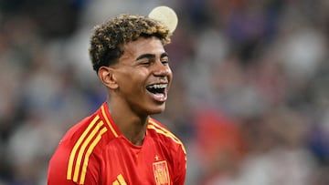 Spain's forward #19 Lamine Yamal celebrates at the end the UEFA Euro 2024 semi-final football match between Spain and France at the Munich Football Arena in Munich on July 9, 2024. (Photo by MIGUEL MEDINA / AFP)