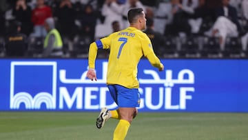 Nassr's Portuguese forward #07 Cristiano Ronaldo celebrates scoring his team's first goal during the Saudi Pro League football match between Al-Shabab and Al-Nassr at the Al-Shabab Club Stadium in Riyadh on February 25, 2024. (Photo by Fayez NURELDINE / AFP)