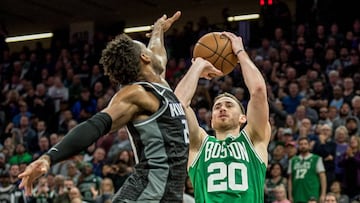 Mar 6, 2019; Sacramento, CA, USA; Boston Celtics forward Gordon Hayward (20) shoots the game winning shot over Sacramento Kings guard Buddy Hield (24) during the fourth quarter at Golden 1 Center. Mandatory Credit: Ed Szczepanski-USA TODAY Sports