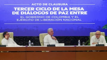 Colombia's National Liberation Army (ELN) commander Antonio Garcia speaks beside Cuba's President Miguel Diaz-Canel and Colombia's President Gustavo Petro during the announcement of the bilateral ceasefire for 6 months between the ELN and Colombia’s government, Havana, Cuba, June 9, 2023. REUTERS/Stringer NO RESALES. NO ARCHIVES