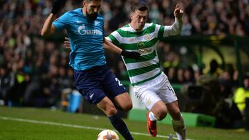 GLASGOW, SCOTLAND - FEBRUARY 15:  Callum McGregor of Celtic and Miha Mevlja of Zenit St. Petersburg during UEFA Europa League Round of 32 match between Celtic and Zenit St Petersburg at the Celtic Park on February 15, 2018 in Glasgow, United Kingdom.  (Ph