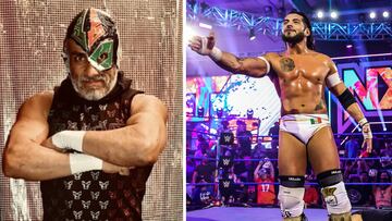 Dr. Wagner Jr. (izq) y el Hijo del Fantasma (der) después de perder la máscara en Triplemanía.