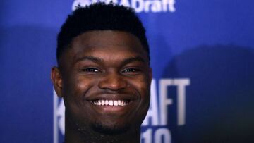 NEW YORK, NEW YORK - JUNE 19: Zion Williamson speaks to the media ahead of the 2019 NBA Draft at the Grand Hyatt New York on June 19, 2019 in New York City. NOTE TO USER: User expressly acknowledges and agrees that, by downloading and or using this photograph, User is consenting to the terms and conditions of the Getty Images License Agreement.   Mike Lawrie/Getty Images/AFP
 == FOR NEWSPAPERS, INTERNET, TELCOS &amp; TELEVISION USE ONLY ==