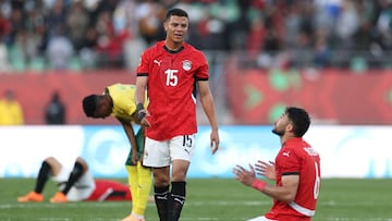 Egypt's midfielder #15 Mohamed Shehata and Egypt's defender #06 Yasser Ibrahim react after winning the Africa Cup of Nations (CAN) Group B football match between Egypt and South Africa at Adrar Stadium in Agadir on December 26, 2025. (Photo by FRANCK FIFE / AFP)