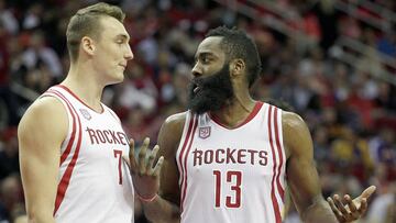 Dec 7, 2016; Houston, TX, USA; Houston Rockets guard James Harden (13) talks with forward Sam Dekker (7) while playing against the Los Angeles Lakers in the second half at Toyota Center. The Houston Rockets won 134 to 95.  Mandatory Credit: Thomas B. Shea-USA TODAY Sports