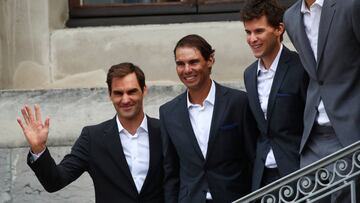 Tennis - Official welcome of Laver Cup teams - Geneva, Switzerland - September 18, 2019 Team Europe's Roger Federer, Rafael Nadal and Dominic Thiem during the official welcome REUTERS/Denis Balibouse