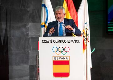 La nadadora barcelonesa de 32 años anunció el final de su carrera profesional tras 16 años en un acto en la sede del COE en el que ha estado arropada por compañeras y amigos. En la foto, Fernando Carpena, presidente de la RFEN. 