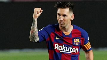 Soccer Football - La Liga Santander - FC Barcelona v Atletico Madrid - Camp Nou, Barcelona, Spain - June 30, 2020  Barcelona&#039;s Lionel Messi celebrates scoring their second goal, as play resumes behind closed doors following the outbreak of the coronavirus disease (COVID-19)   REUTERS/Albert Gea