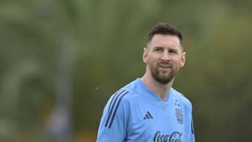 Argentina's forward Lionel Messi gestures during a training session in Ezeiza, Buenos Aires province on March 21, 2023, ahead of their friendly football matches against Panama and Curazao. (Photo by JUAN MABROMATA / AFP) (Photo by JUAN MABROMATA/AFP via Getty Images)
