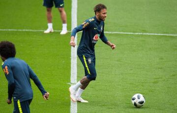 Neymar in Brazil's training session at Anfield yesterday.