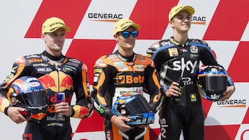 PHILLIP ISLAND, AUSTRALIA - OCTOBER 26: (L-R) Brad Binder of South Africa and Red Bull KTM  Ajo, Jorge Navarro of Spain and +Ego Speed Up and Luca Marini of Italy and Sky Racing Team VR46 celebrate at the end of the qualifying practice during the MotoGP of Australia - Qualifying for the 2019 MotoGP of Australia at Phillip Island Grand Prix Circuit on October 26, 2019 in Phillip Island, Australia. (Photo by Mirco Lazzari gp/Getty Images)