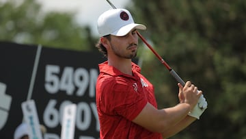 AUG 08, 2025; Bolingbrook, Illinois, USA; Josele Ballester of the Fireballs GC tees off on the 14th hole during the first round of the LIV Golf Chicago tournament at Bolingbrook Golf Club. Mandatory Credit: Melissa Tamez-Imagn Images