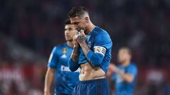 SEVILLE, SPAIN - MAY 09:  Sergio Ramos of Real Madrid CF reacts during the La Liga match between Sevilla FC and Real Madrid at Ramon Sanchez Pizjuan stadium on May 9, 2018 in Seville, Spain.  (Photo by Aitor Alcalde/Getty Images)