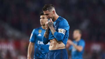 SEVILLE, SPAIN - MAY 09: Sergio Ramos of Real Madrid CF reacts during the La Liga match between Sevilla FC and Real Madrid at Ramon Sanchez Pizjuan stadium on May 9, 2018 in Seville, Spain. (Photo by Aitor Alcalde/Getty Images)