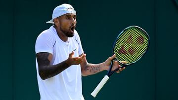 Nick Kyrgios in action during his first round match against Britain's Paul Jubb.