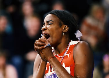 Júbilo de la atleta cubana Leyanis Pérez tras conseguir la plata (14,90).