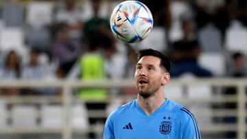 (FILES) In this file photo taken on November 14, 2022, Argentina's forward Lionel Messi controls a ball during a training camp in Abu Dhabi ahead of the Qatar 2022 FIFA football World Cup, at the Nahyan Stadium. (Photo by Karim SAHIB / AFP)