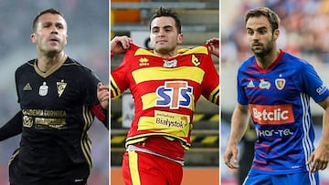 Igor Angulo, jugador español de Górnik Zabreze; Jesús Imaz, de Jagiellonia, y Jorge Félix, de Piast Gliwice, durante un partido de la liga polaca de fútbol.