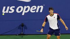 Flushing Meadows (United States), 06/09/2021.- Carlos Alcaraz of Spain reacts after defeating Peter Gojowczyk of Germany at the conclusion of their match on the seventh day of the US Open Tennis Championships at the USTA National Tennis Center in Flushing