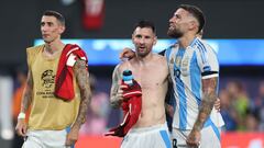 EAST RUTHERFORD, NEW JERSEY - JULY 09: Lionel Messi and Nicolas Otamendi of Argentina celebrates after winning the CONMEBOL Copa America 2024 semifinal match between Canada and Argentina at MetLife Stadium on July 09, 2024 in East Rutherford, New Jersey.   Elsa/Getty Images/AFP (Photo by ELSA / GETTY IMAGES NORTH AMERICA / Getty Images via AFP)