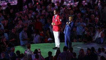 FOXBOROUGH, MASSACHUSETTS - JUNE 12: Tom Brady and Mike Tirico speak to fans during the 2024 Hall of Fame Induction Ceremony for Tom Brady at Gillette Stadium on June 12, 2024 in Foxborough, Massachusetts.   China Wong/Getty Images/AFP (Photo by China Wong / GETTY IMAGES NORTH AMERICA / Getty Images via AFP)