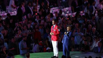 FOXBOROUGH, MASSACHUSETTS - JUNE 12: Tom Brady and Mike Tirico speak to fans during the 2024 Hall of Fame Induction Ceremony for Tom Brady at Gillette Stadium on June 12, 2024 in Foxborough, Massachusetts. China Wong/Getty Images/AFP (Photo by China Wong / GETTY IMAGES NORTH AMERICA / Getty Images via AFP)