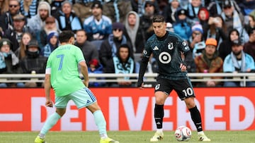 ST PAUL, MINNESOTA - MARCH 22: James Rodriguez #10 of Minnesota United FC controls the ball whilst under pressure from Cristian Roldan #7 of Seattle Sounders during the MLS match between Minnesota United FC and Seattle Sounders FC at Allianz Field on March 22, 2026 in St Paul, Minnesota. (Photo by David Berding/MLS via Getty Images)