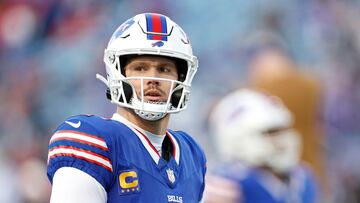ORCHARD PARK, NEW YORK - NOVEMBER 19: Josh Allen #17 of the Buffalo Bills warms up before the game against the New York Jets at Highmark Stadium on November 19, 2023 in Orchard Park, New York. Sarah Stier/Getty Images/AFP (Photo by Sarah Stier / GETTY IMAGES NORTH AMERICA / Getty Images via AFP)