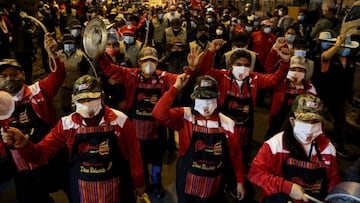 Supporters of Peru's presidential candidate Pedro Castillo march in Lima, Peru June 26, 2021. REUTERS/Sebastian Castaneda