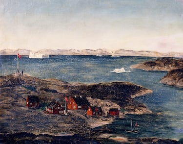 Pintura de la colonia danesa en Jakobshavn, 1840-1850, obra del pintor danés Rudolph. La colonia danesa en Jakobshavn (hoy conocida como Ilulissat, en danés Icebergs), en la costa oeste de Groenlandia. Es famoso mundialmente por el fiordo de hielo de Ilulissat, declarado Patrimonio de la Humanidad por la UNESCO. En la imagen se puede apreciar la arquitectura típica colonial de madera, con casas pintadas de colores brillantes que contrastan con el entorno árido y helado.
