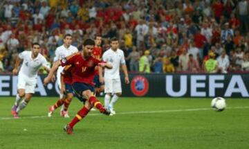 Eurocopa 2012. Cuartos de final. Espa?a-Francia. La Selecci車n gan車 a los 'Bleus' 2-0, ambos goles de Xabi Alonso. El tolosarra, de penalti, anot車 el segundo tanto.