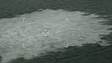 BORNHOLM, DENMARK - SEPTEMBER 27: (----EDITORIAL USE ONLY ? MANDATORY CREDIT - " DANISH DEFENCE / HANDOUT" - NO MARKETING NO ADVERTISING CAMPAIGNS - DISTRIBUTED AS A SERVICE TO CLIENTS----) A screen grab from Danish Defense shows the gas leaking at Nord Stream 2 seen from the Danish F-16 interceptor on Bornholm, Denmark on September 27, 2022. (Photo by Danish Defence/Anadolu Agency via Getty Images)